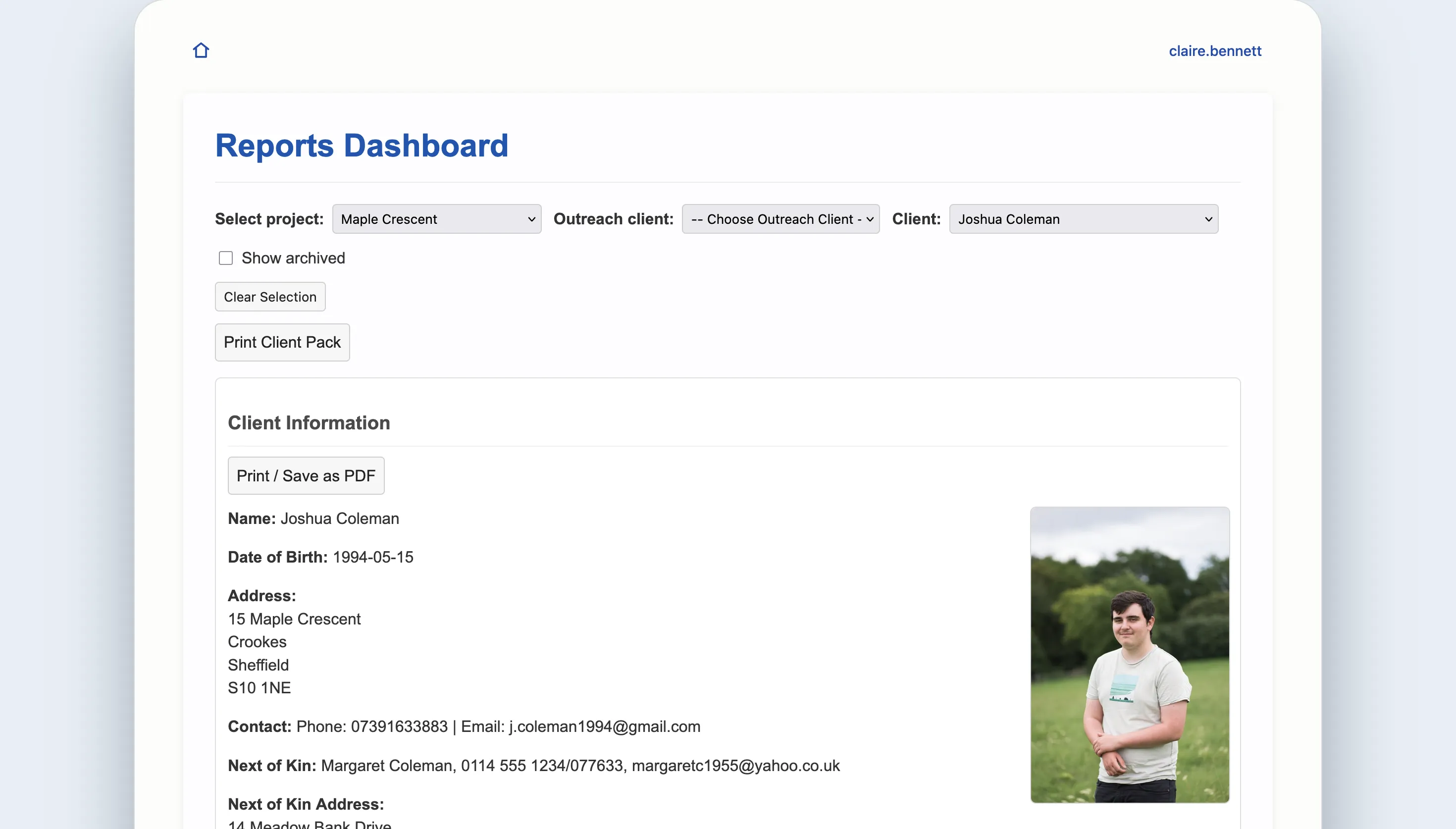 Reports dashboard with report filters and export options